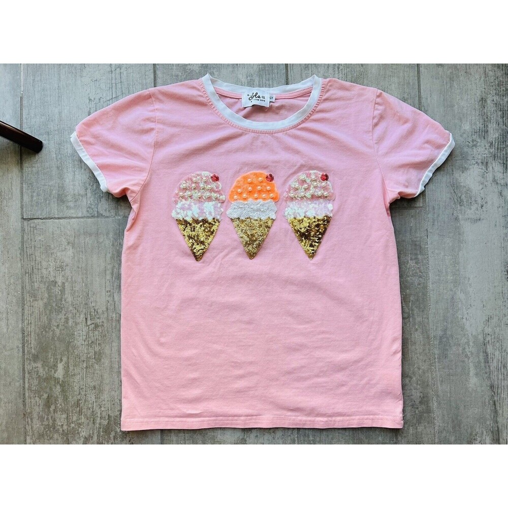 Lola and The Boys Ice Cream Ringer T-Shirt Boutique Rhinestone Bead Sequin 12